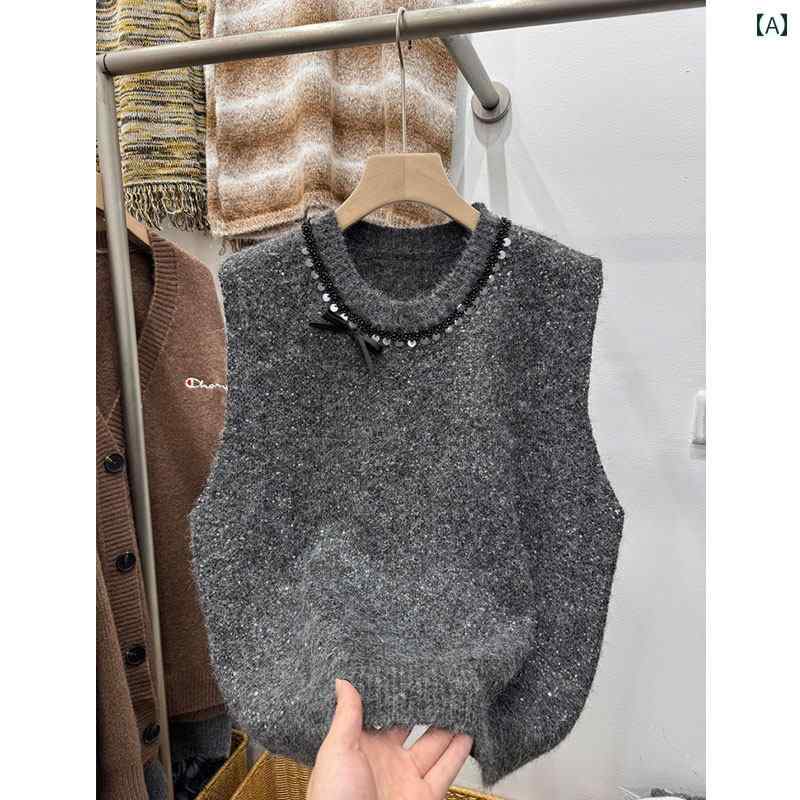 レディース ファッション 春夏 秋冬 かわいい オシャレ 韓国 スパンコール　ショート　ニット　ベスト　ノースリーブ　トップス　ショルダー