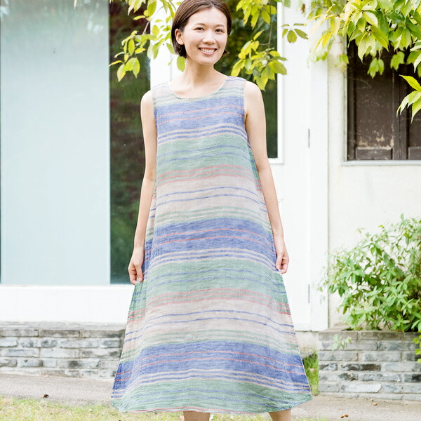 楽天市場 かやマルチボーダーノースリーブワンピース レディース 夏服 涼しい 綿100 日本製 フリーサイズ 蚊帳 かや ロング マキシ丈 薄手 透け感 春夏 ナチュラル おしゃれ ギフト プレゼント 包装対応 母の日 Ban Inoue 幡inoue Online Shop 楽天市場店