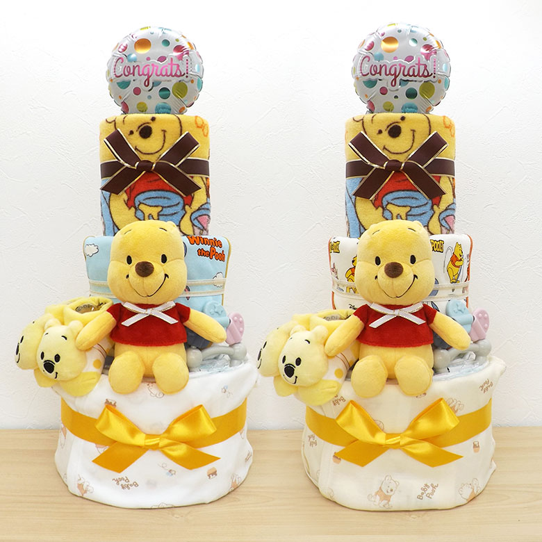 おむつケーキ ディズニー プーさん 新生児肌着＆ベビー用品セット ぬいぐるみ タオル 3段 出産祝い 男の子 女の子 男女兼用 ユニセックス｜おむつケーキとギフト　バオ・バブ