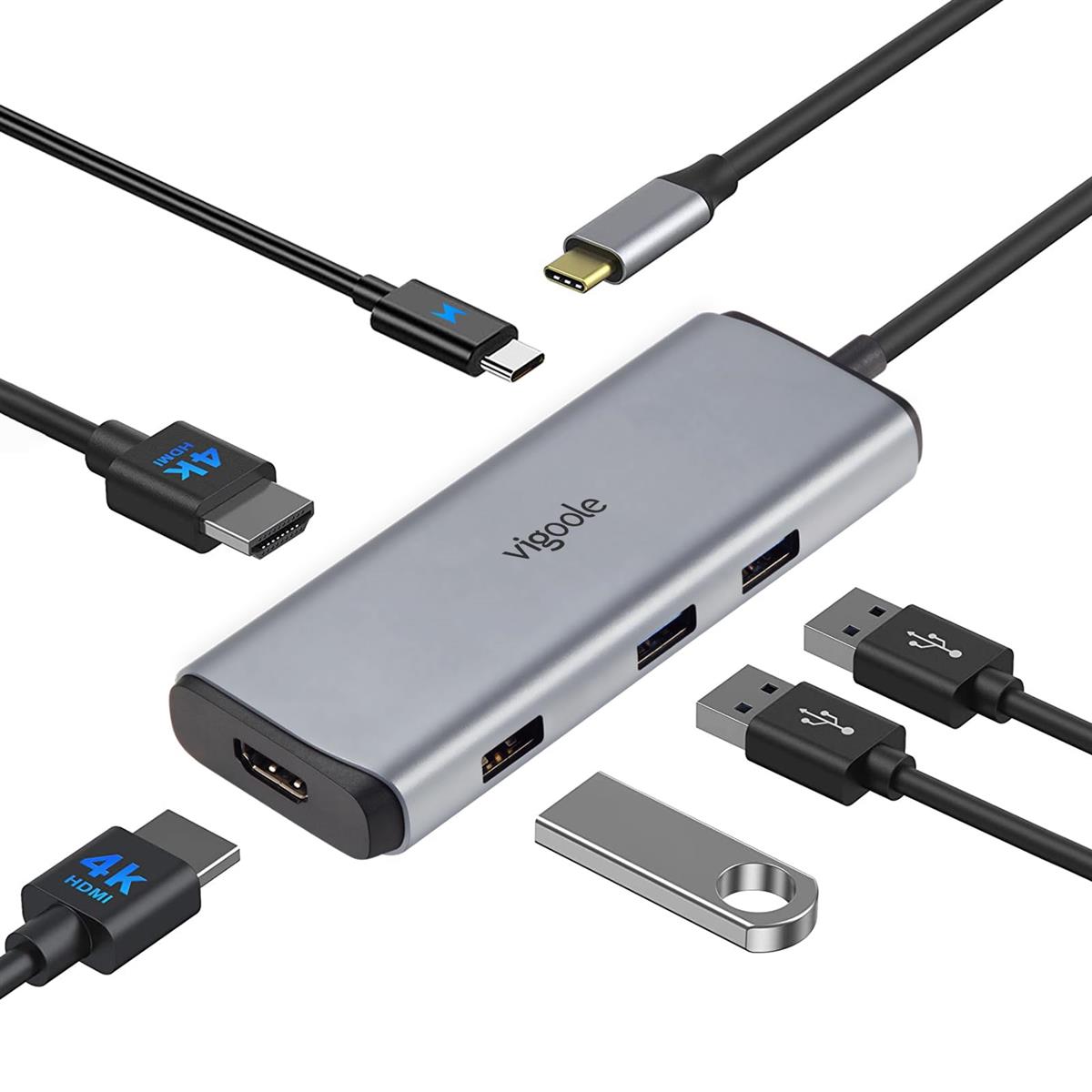 Vigoole USB C デュアルモニター 6 IN 1 Type C ハブ マルチポートアダプター デュアル4K HDMI、3つのUSBポート、PD充電 ユニバーサルUSB-C ハブ対応 Dell/HP/Lenovo/Surface用適格請求書