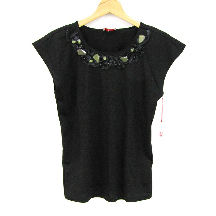 【39％OFFクーポン配布中 7/19 20:00～7/26 01:59】U by ungaro ユーバイウンガロ 半袖Ｔシャツ トップス フレンチスリーブ ビジュー 日本製 未使用品 レディース Mサイズ ブラック 【中古】｜barce
