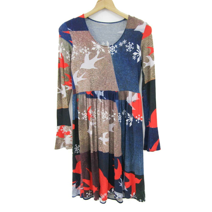 kamishima chinami yellow カミシマチナミ イエロー ワンピース トップス 長袖 総柄 日本製 レディース 38サイズ 青×茶×赤 【中古】