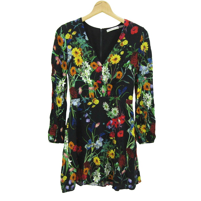 alice + olivia アリスアンドオリビア ワンピース トップス 長袖 Vネック 花柄 チュニック レディース ブラック 【中古】｜barce 9,798円