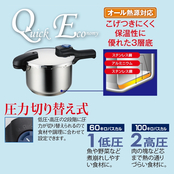 圧力鍋 5.5L 3層底 H-5042 IH対応 オール熱源 クイックエコ パール金属 切り替え式 時短 輝い クイックエコ