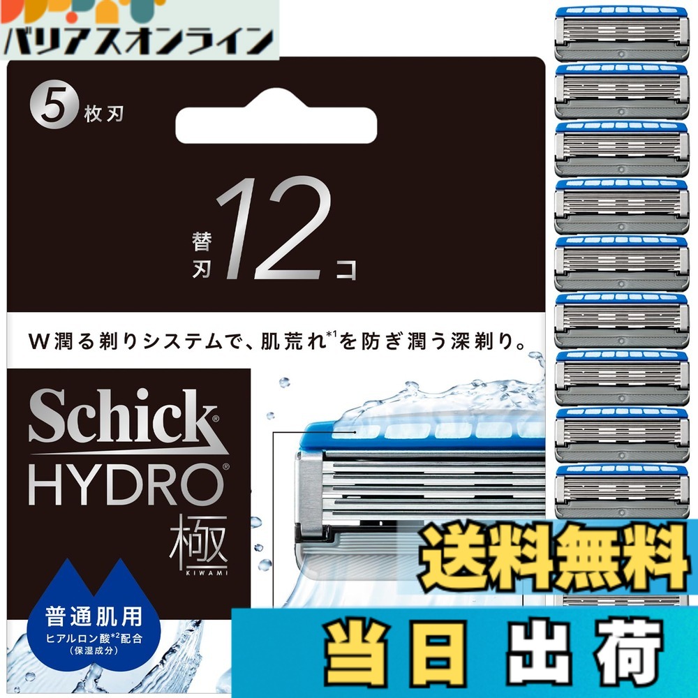 【貨物輸送無料】Schick(今めかしい) ハイドロ極 決まり切った肌 替刃（１２コ）成人男性用 髭剃り 髪剃り 色：しろがね色x青み