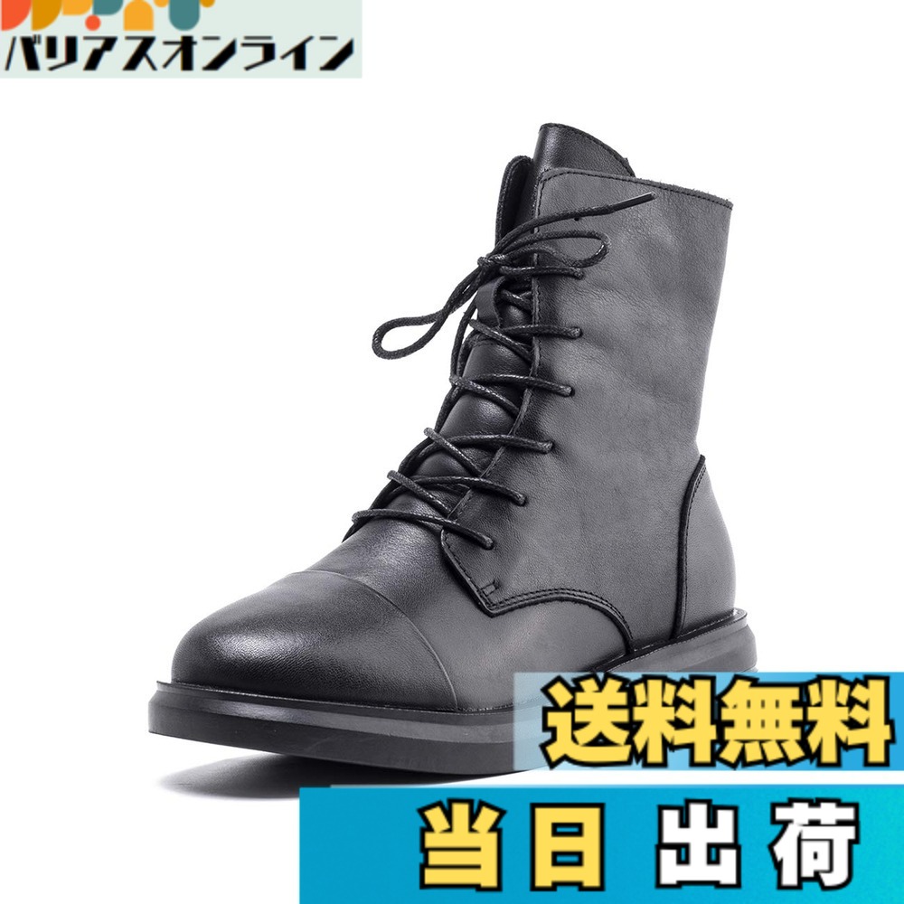 【貨物輸送無料】[ZUYEE] (ズイェ) レディース レースアップブーツ 本革 置き目踵 サイドジップ 編み上げブーツ 遊撃手ブーツ 色：黒いこと、大きさ：24.0 珊