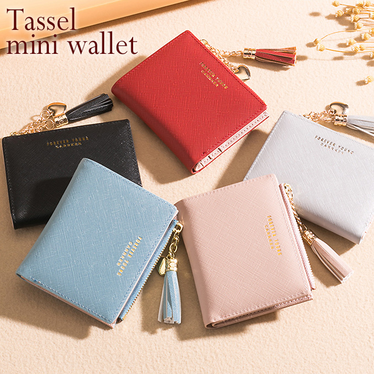 楽天市場 二つ折り財布 レディース かわいい おしゃれ 薄い 小銭入れ コンパクト ファスナー タッセル付き カード入れ 女の子 Puレザー おもしろ便利グッズ専門店バルサ堂
