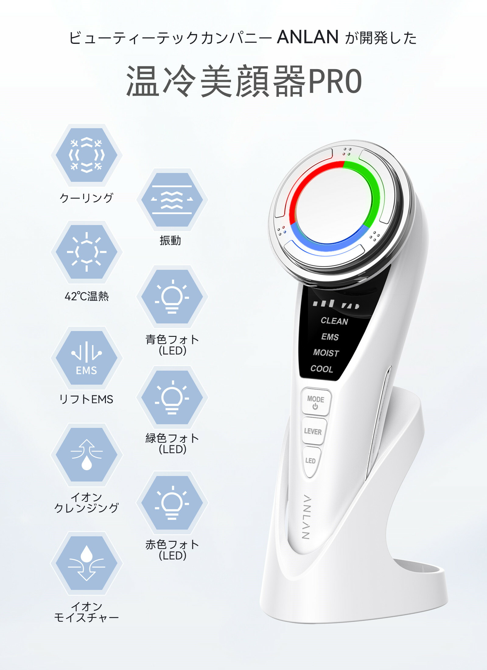 ビューティーテックカンパニーANLANが開発した温冷美顔器PRO
多彩な機能