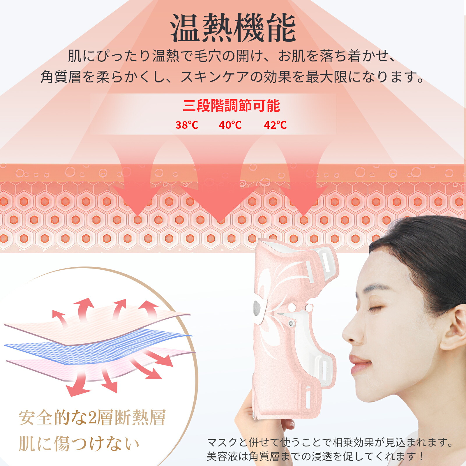 温熱機能・・・肌にぴったり温熱で毛穴の開け、お肌を落ち着かせ、角質層を柔らかくし、スキンケアの効果を最大限になります。