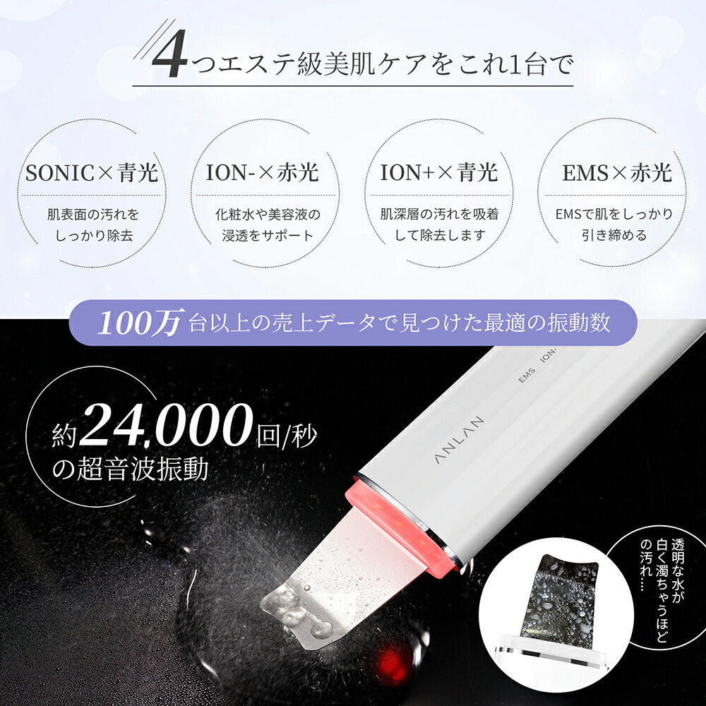 4つエステ級美肌ケアをこれ1台で。
SONIC、ION2種類、EMSと4つのモード。
100万台以上の売り上げデータで見つけた最適の振動数。
約24000回/秒の超音波振動。