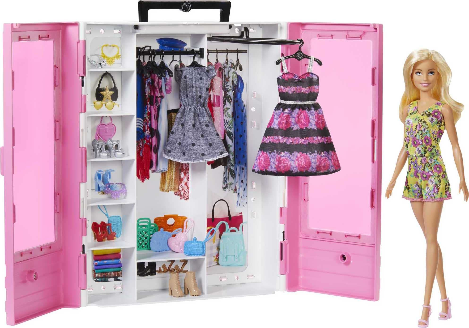 Barbieバービー Fashionistas ドール＆アルティメットクローゼットプレイセット 服＆12のアクセサリー ブロンドファッションドール＆ピンククローゼットトイ 収納 折りたたみラック＆キャリーハンドル