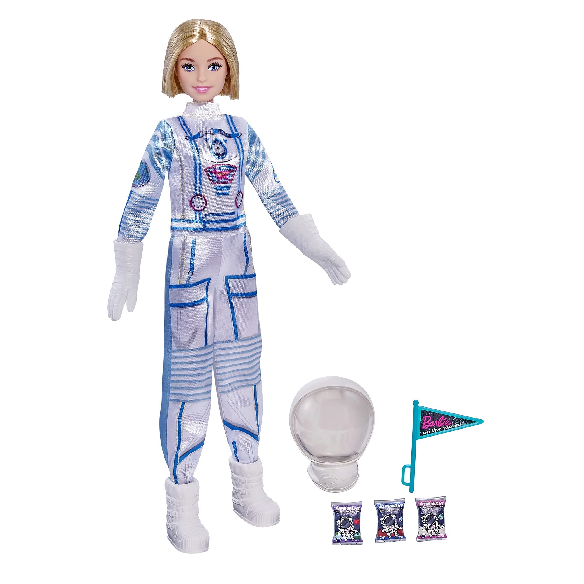 Barbieバービー 宇宙探査 宇宙飛行士ドール ブロンド 宇宙服 ヘルメット グローブ 旗＆3つのミニ宇宙食パック（非食用）付き 3-7歳向け - 商品メイン画像