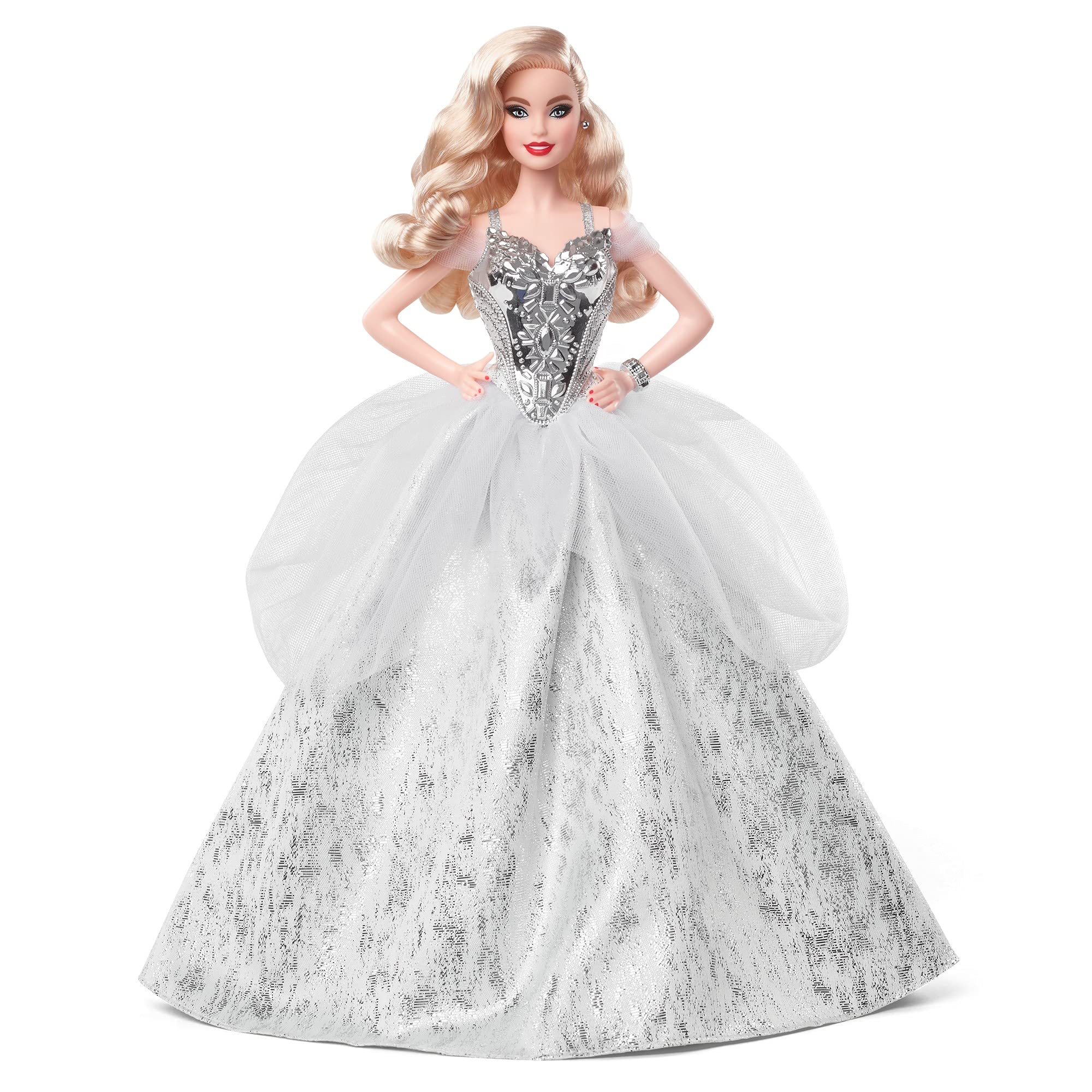Barbieバービー シグネチャー 2021ホリデードール（12インチ、ブロンドウェーブヘア） シルバーガウン着用 ドールスタンド＆真正性証明書付き