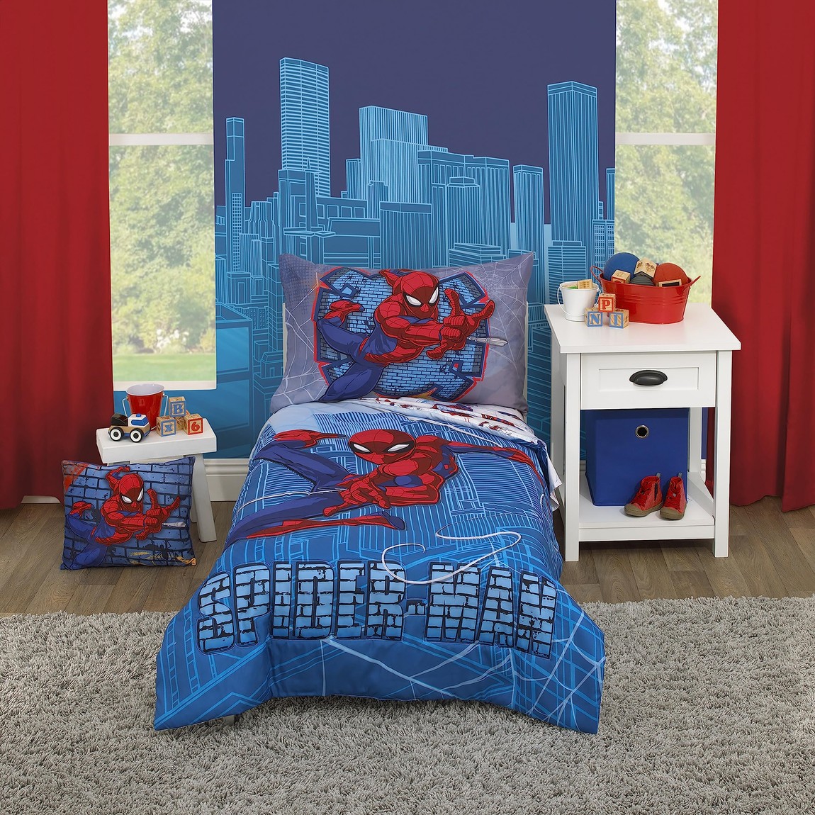 Disney Marvel スパイダーマン 幼児用 ベッドセット 寝具 4点セット 掛け布団 シーツ 枕カバー｜Basqueバスク