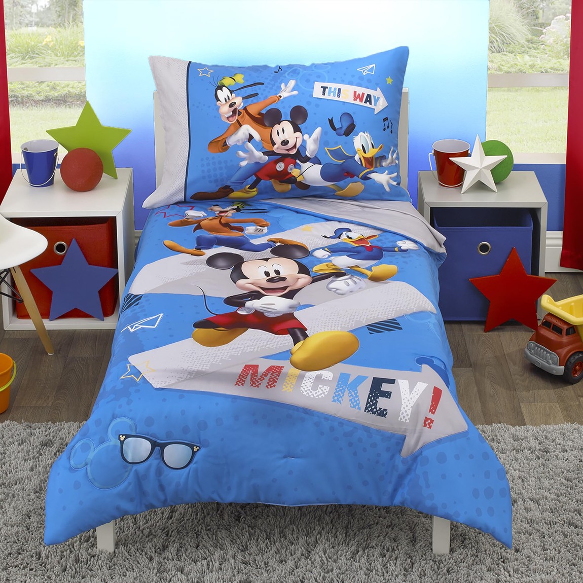 Disney ミッキーマウス 幼児用ベッドセット 4点セット ブルー 寝具 掛け布団 シーツ 枕カバー｜Basqueバスク 12,450円