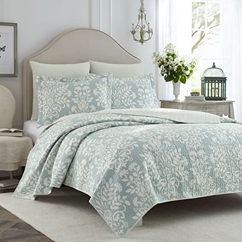 ローラ アシュレイ Laura Ashley Rowlandコレクションキルトセット コットン 100% リバーシブル オールシーズン寝具 枕カバー付き プリウォッシュ Pre Washed Single Blue