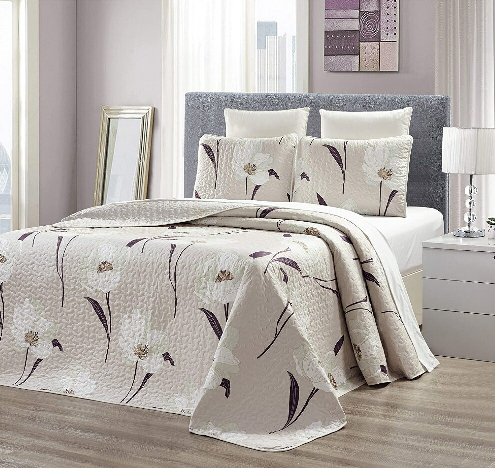 GrandLinen ファインプリント  キルト仕掛ける リヴァーシブル  統治女王大きさ 臥榻覆いかぶせる\u0026ピローカバーセット