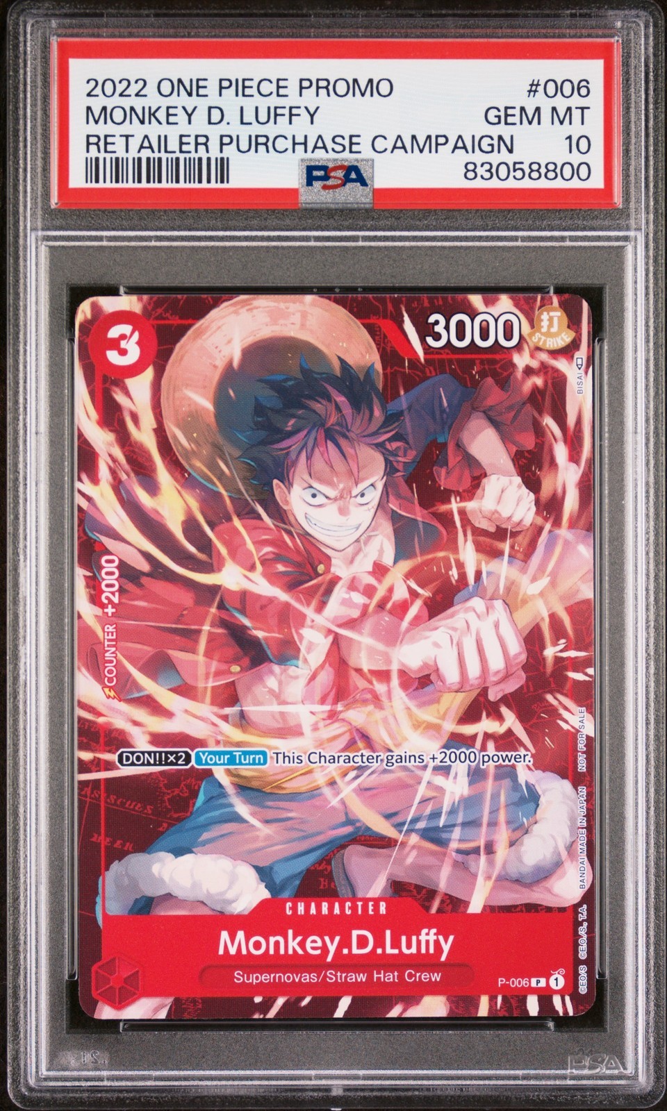 ワンピース英語版 2022 ONE PIECE PROMOS RETAILER PURCHASE CAMPAIGN モンキー・D・ルフィ プロモ #006 PSA 10 鑑定済【中古】｜Basqueバスク