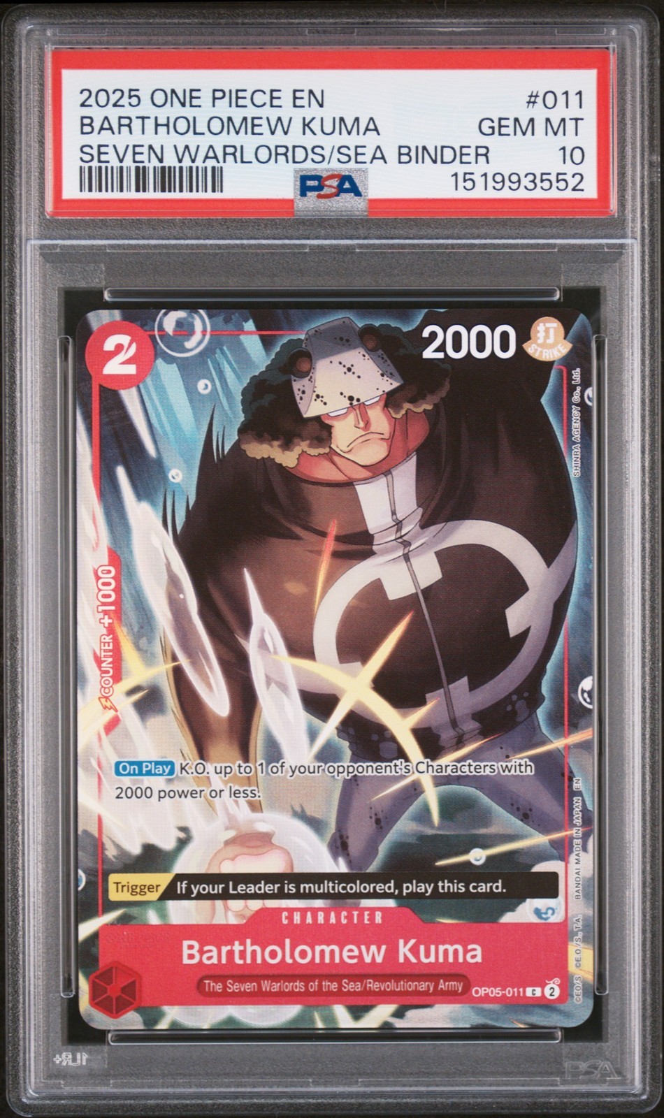 ワンピース英語版 2025 SEVEN WARLORDS OF THE SEA BINDER SET BARTHOLOMEW KUMA #011 PSA10 鑑定済【中古】|Basqueバスク