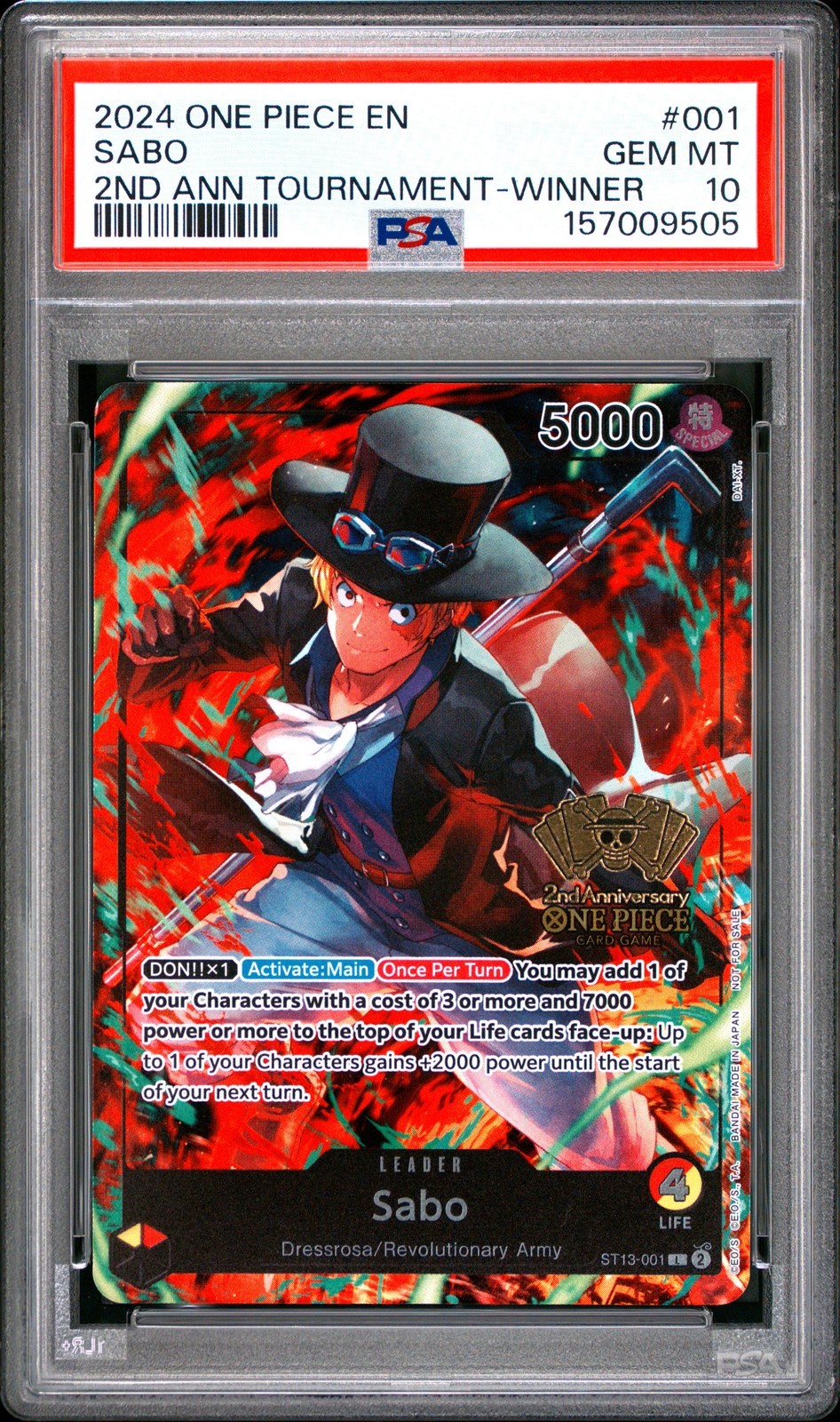 ワンピース英語版 2024 ONE PIECE PROMOS 2ND ANNIVERSARY TOURNAMENT-WINNER サボ SABO プロモ #001 PSA 10 鑑定済【中古】｜Basqueバスク