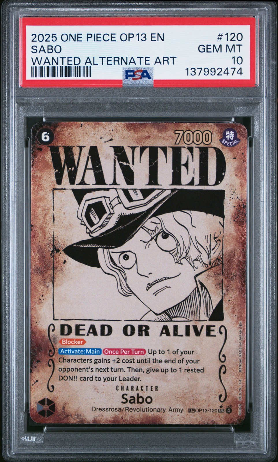 ワンピース英語版 2025 ONE PIECE OP13-CARRYING ON HIS WILL SABO WANTED ALT ART #120 PSA 10 鑑定済【中古】｜Basqueバスク