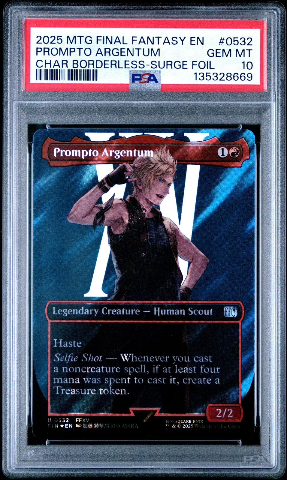 MTG英語版 2025 FINAL FANTASY PROMPTO ARGENTUM CHARACTER BORDERLESS-SURGE FOIL PSA 10 鑑定済【中古】｜Basqueバスク