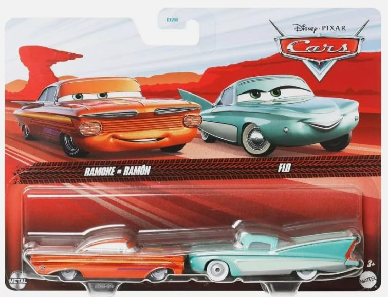ディズニー ピクサー カーズ 1/55スケール ラモーン（レッド＆オレンジ） ＆ フロー ミニカー 2台セット ラジエーター・スプリングス｜Basqueバスク
