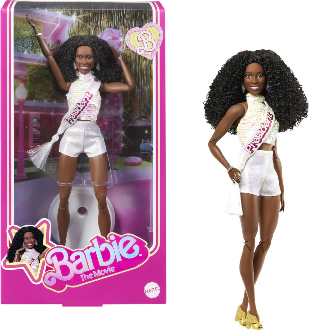 バービー ザムービー プレジデント コレクタブル ドール ISSA Rae キラキラ光るホワイトブラウス ショートセット ダークカーリーヘア プレジデントサッシュ 11,016円