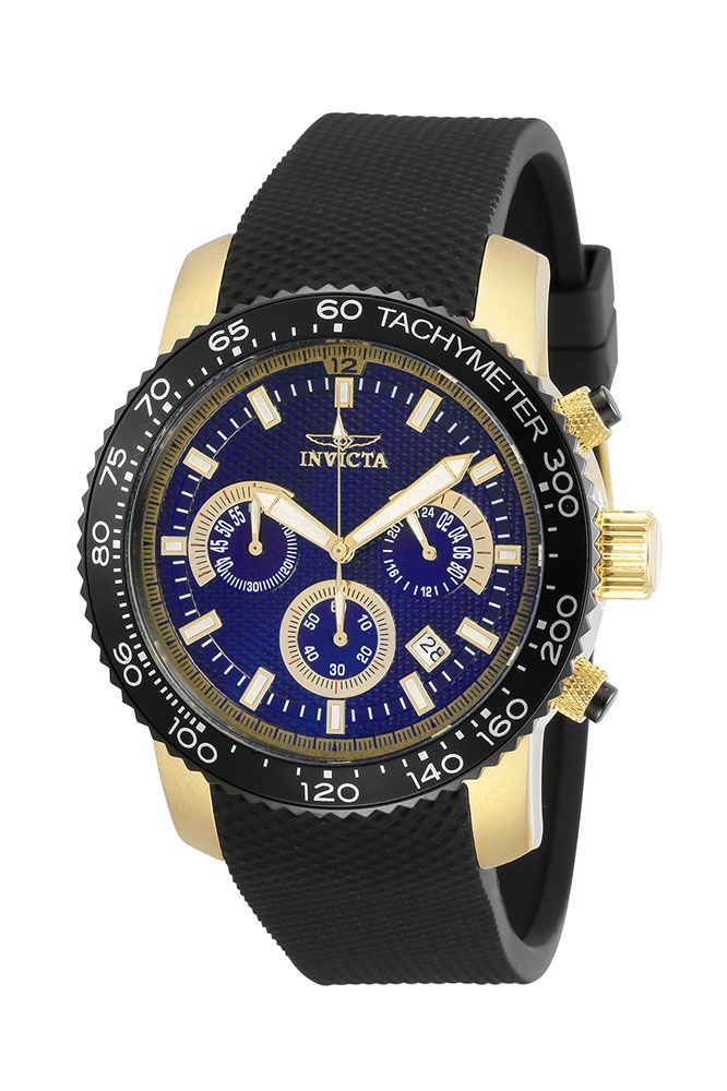 Invictaインビクタ Specialty メンズ 腕時計 クォーツ アナログ クロノグラフ 100m防水 ゴールドケース ブルー文字盤 ブラックベルト シリコンバンド