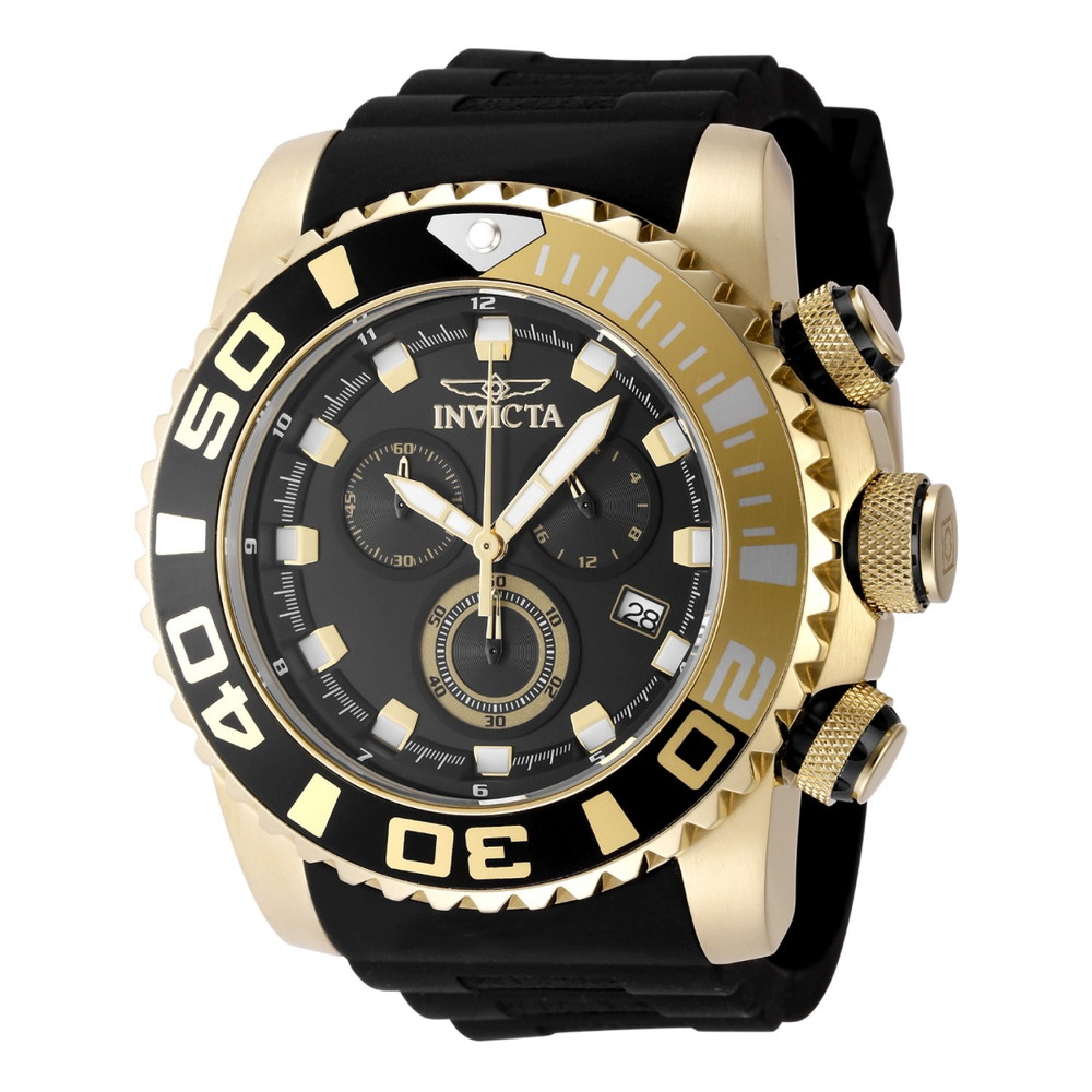 Invictaインビクタ Sea Hunter メンズ 腕時計 クオーツ クロノグラフ ゴールドケース シリコンベルト 200m防水 逆回転防止ベゼル ブラック