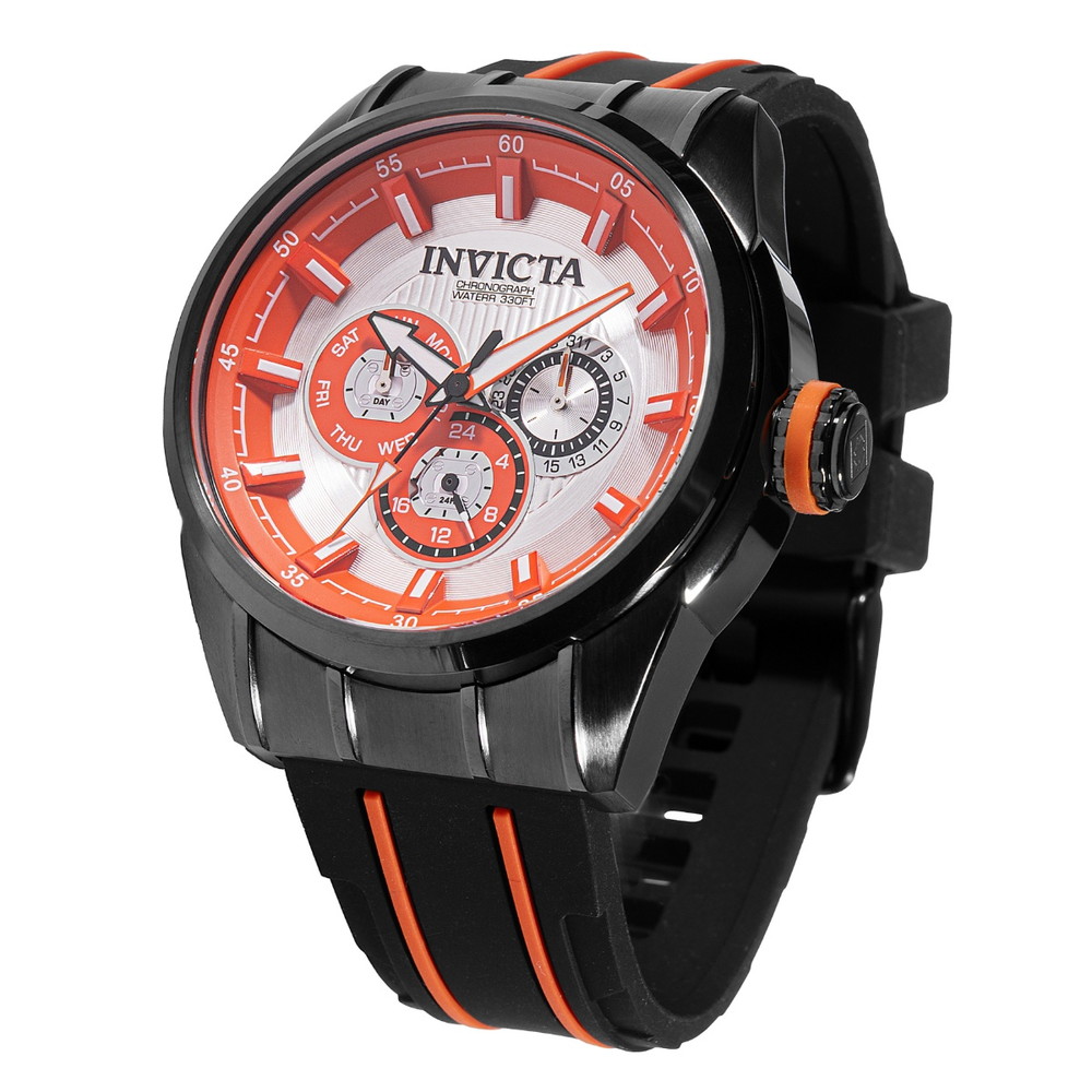 Invictaインビクタ Speedway Trackline メンズ 腕時計 クォーツ ガンメタル 48mmケース オレンジ ブラック シリコンベルト 100m防水 カレンダー|Basqueバスク