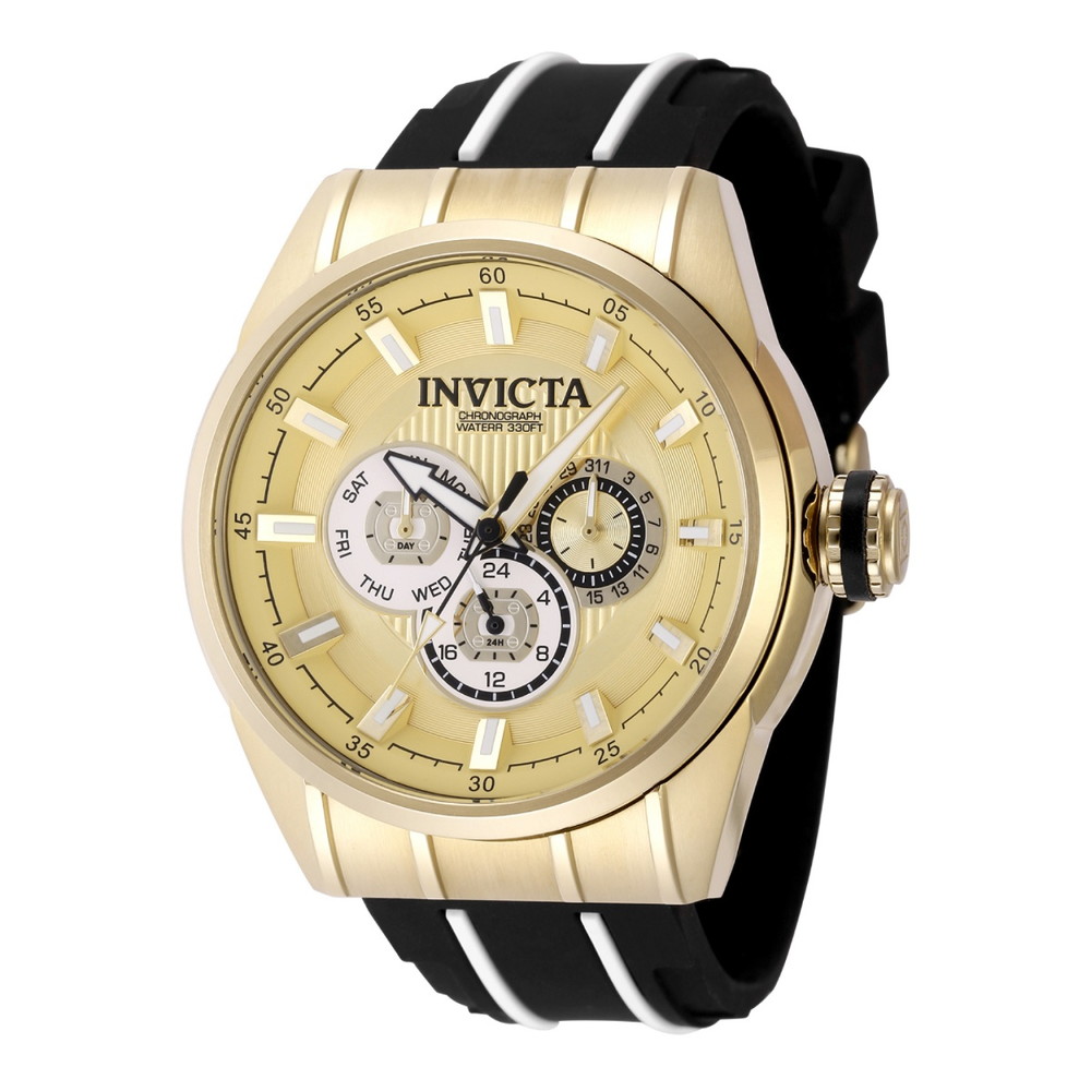 Invictaインビクタ スピードウェイ トラックライン メンズ 腕時計 48mm ゴールドケース ホワイト ブラック シリコンベルト クォーツ 100m防水
