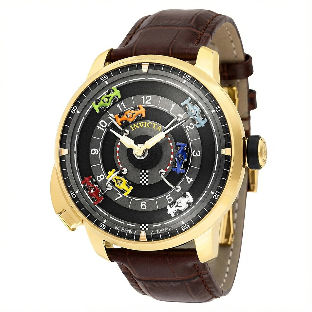 Invictaインビクタ Racing メンズ 腕時計 自動巻き ブラウン レザーベルト 46mm ケース ゴールド サファイアガラス