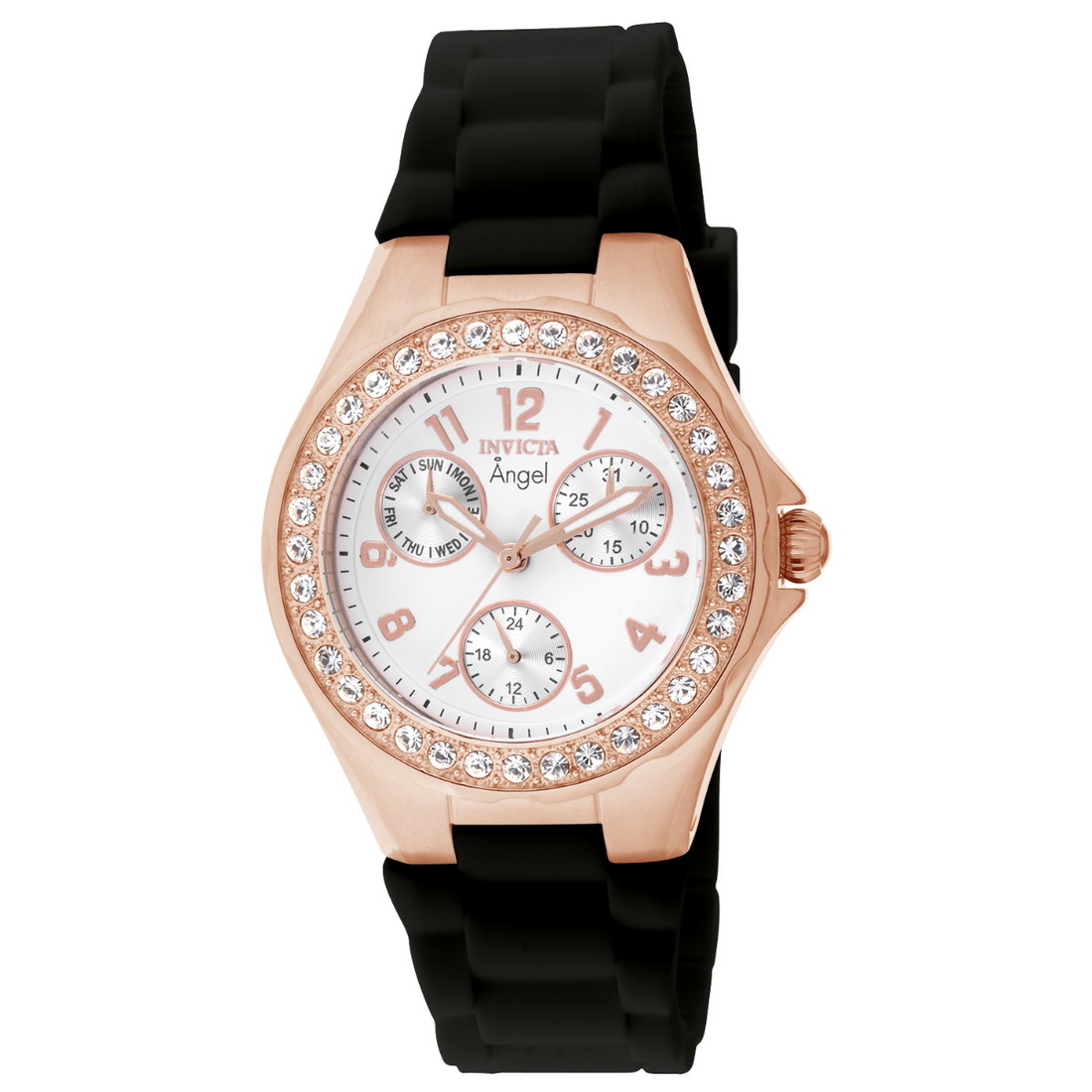 Invictaインビクタ Angel レディース 腕時計 38mm ローズゴールド ブラック シリコンバンド クォーツ 防水 クロノグラフ ホワイト文字盤