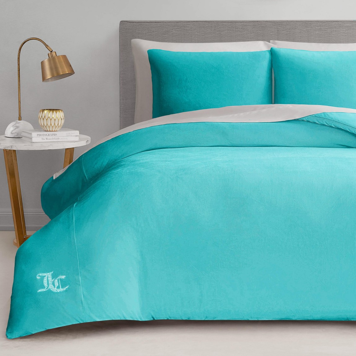 ジューシークチュール Juicy Couture 天鵞絨 コンフォーター 2点書き割り ツイン Twin XL 青碧 寝具 掛け布団 枕取りまかなう 布団書き割り ブランケット 今めかしい 伝達ルート石ころ ロゴタイプ