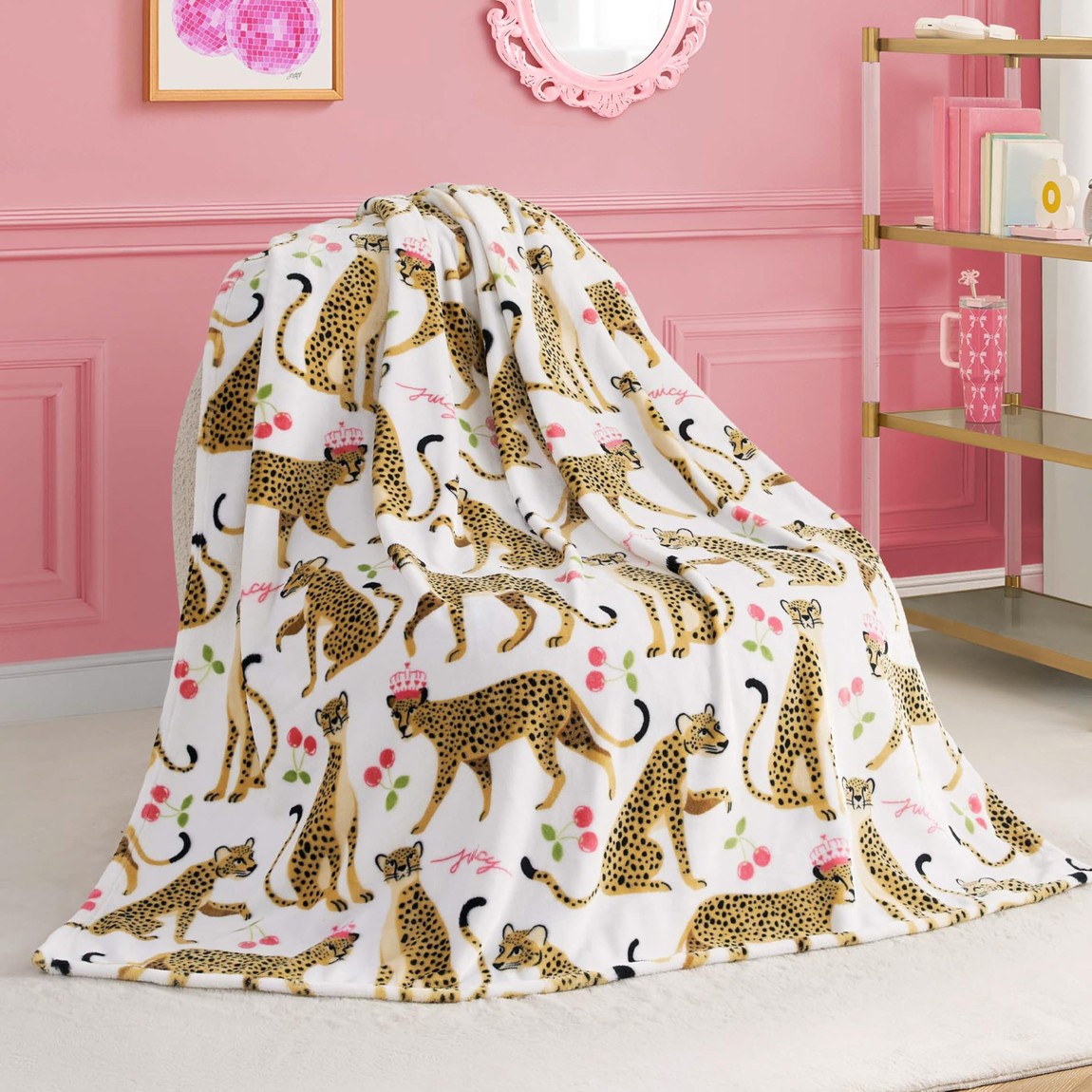 Juicy Couture ジューシークチュール キッズ 毛布 127×178珊 チーター 白いこと ブランケット ひざ掛け 大判 軽さ 生あたたかい 洗える ちびっ子用 寝具
