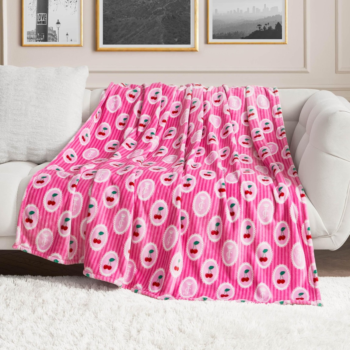 ジューシークチュール 毛布 152×228糎 桜んぼう 縞模様 サクラ色 ブランケット ひざ掛け 大判 相当 寝具 今めかしい 洗える