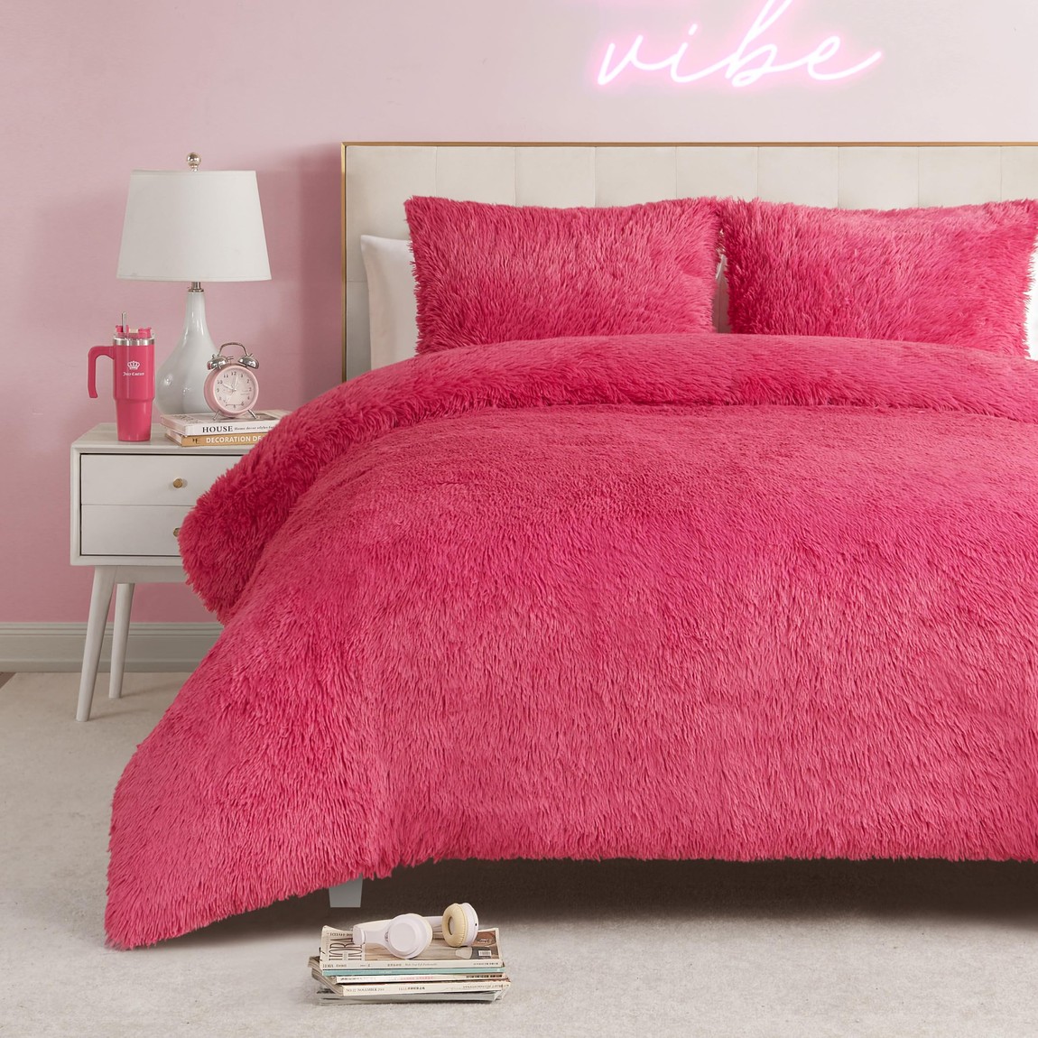 Juicy Couture ジューシークチュール シャギー フェイクファー 掛け布団 3点書き割り サクラ色 寝具 布団書き割り ブランケット 枕取りまかなう 洗える ふわふわ