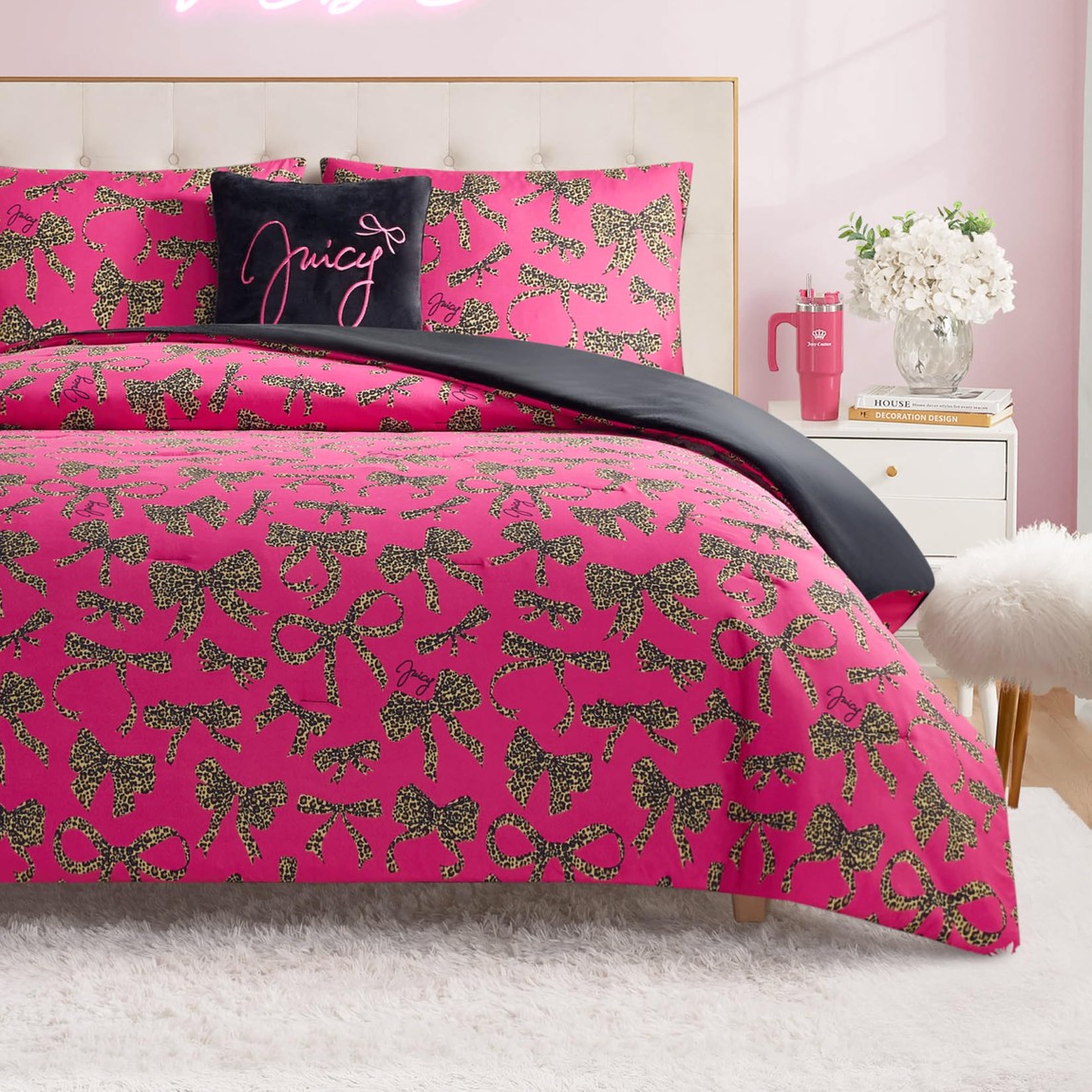 Juicy Couture ヒョウ柄 シュロの葉 掛け布団 3点書き割り リヴァーシブル 布団書き割り 枕取りまかなう 座蒲団 寝具