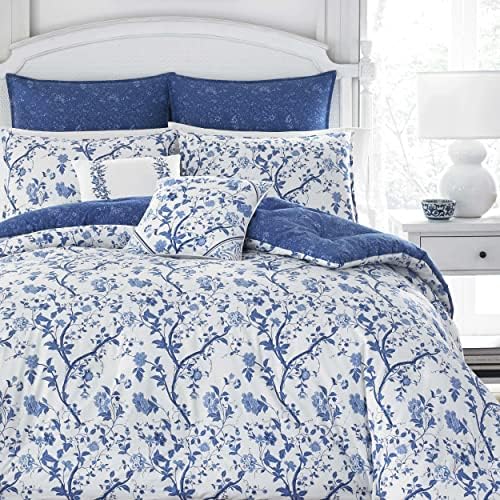 ローラ アシュレイLaura Ashley クイーンサイズ リバーシブルコットン寝具セット 枕カバー&ユーロピロー&装飾クッション付 (エリーゼブルー)