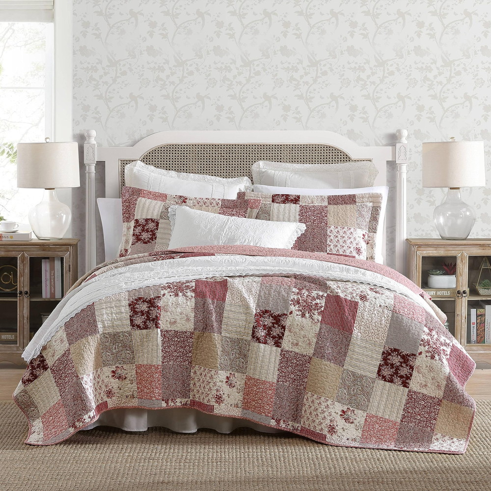 Laura Ashleyローラアシュレイ シングル キルト仕掛ける リバーシブルコットン寝具 タイ王国付き添い人 パッチワークインスパイアードホームデコ (セリーナ パッチワーク 赤いこと, シングル)