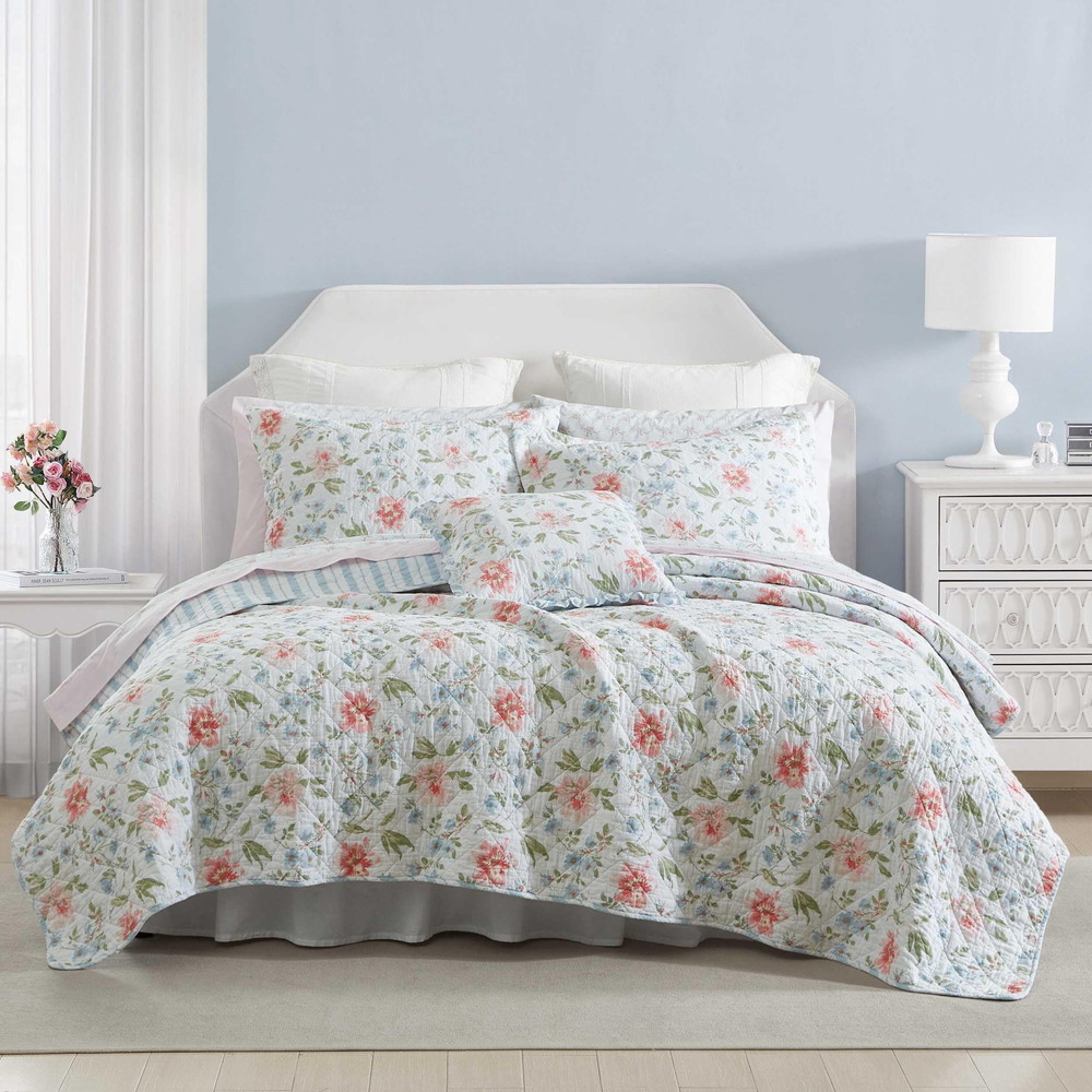 Laura Ashleyローラアシュレイ キルトセット 超ソフト寝具 シャム付き ボーナス枕付き シックなルームデコ (エミリー ブルー, シングル)｜Basqueバスク 11,130円