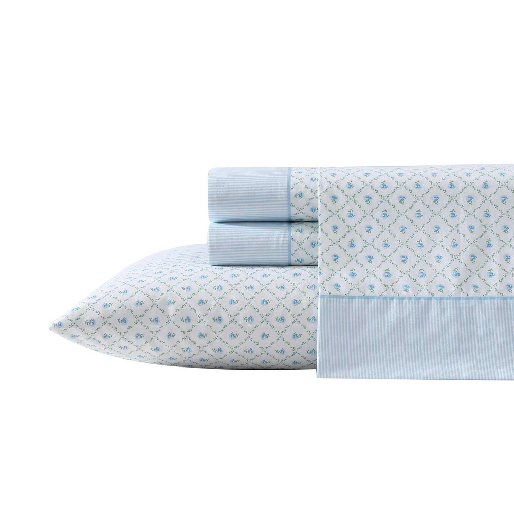 Laura Ashley フルシーツセット 通気性 パーケルコットン寝具 200スレッドカウント フローラル ホームデコ Blue フル