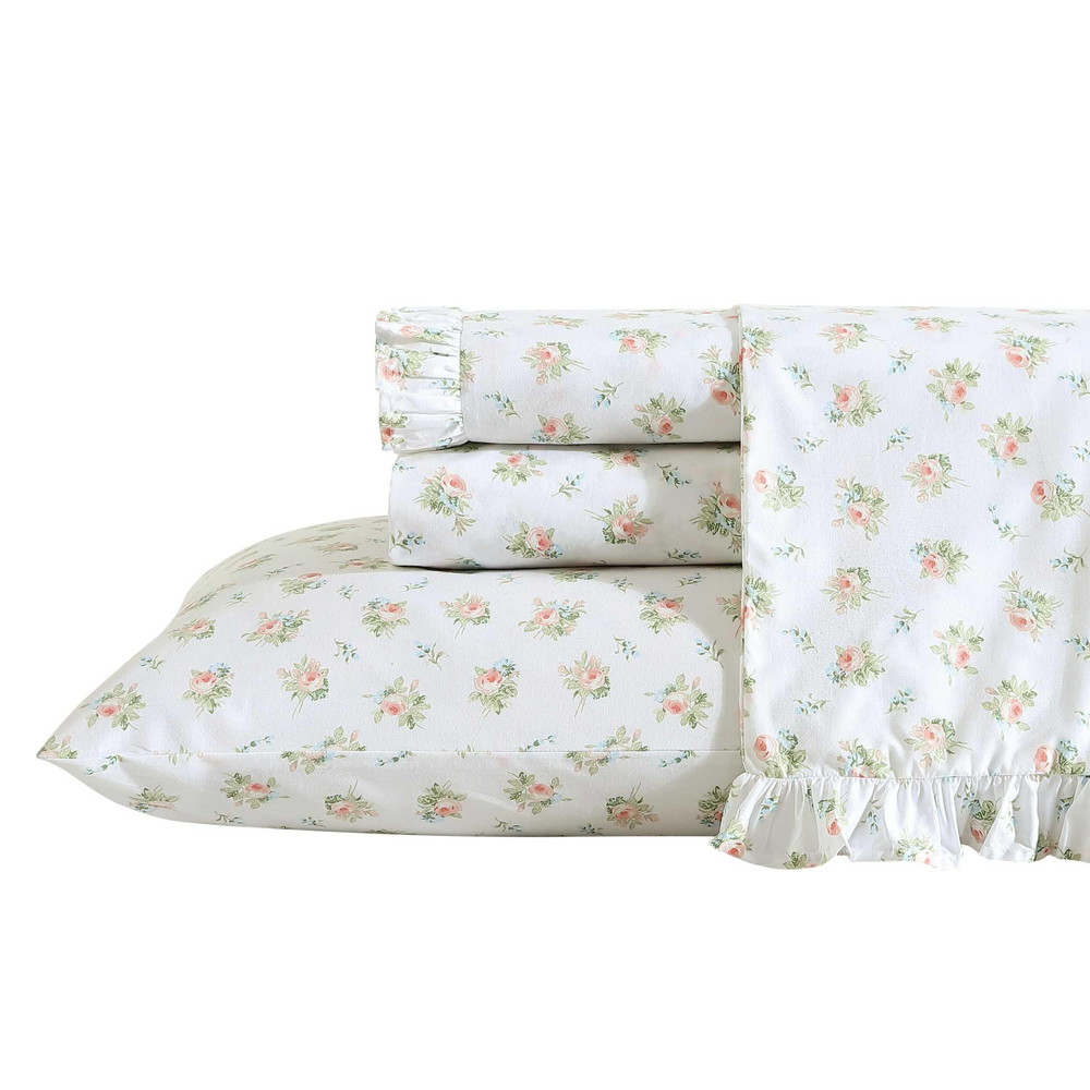 Laura Ashley ツイン XL シーツセット 通気性 パーケルコットン寝具 200スレッドカウント フローラル ホームデコ Roseford Orange ツイン XL