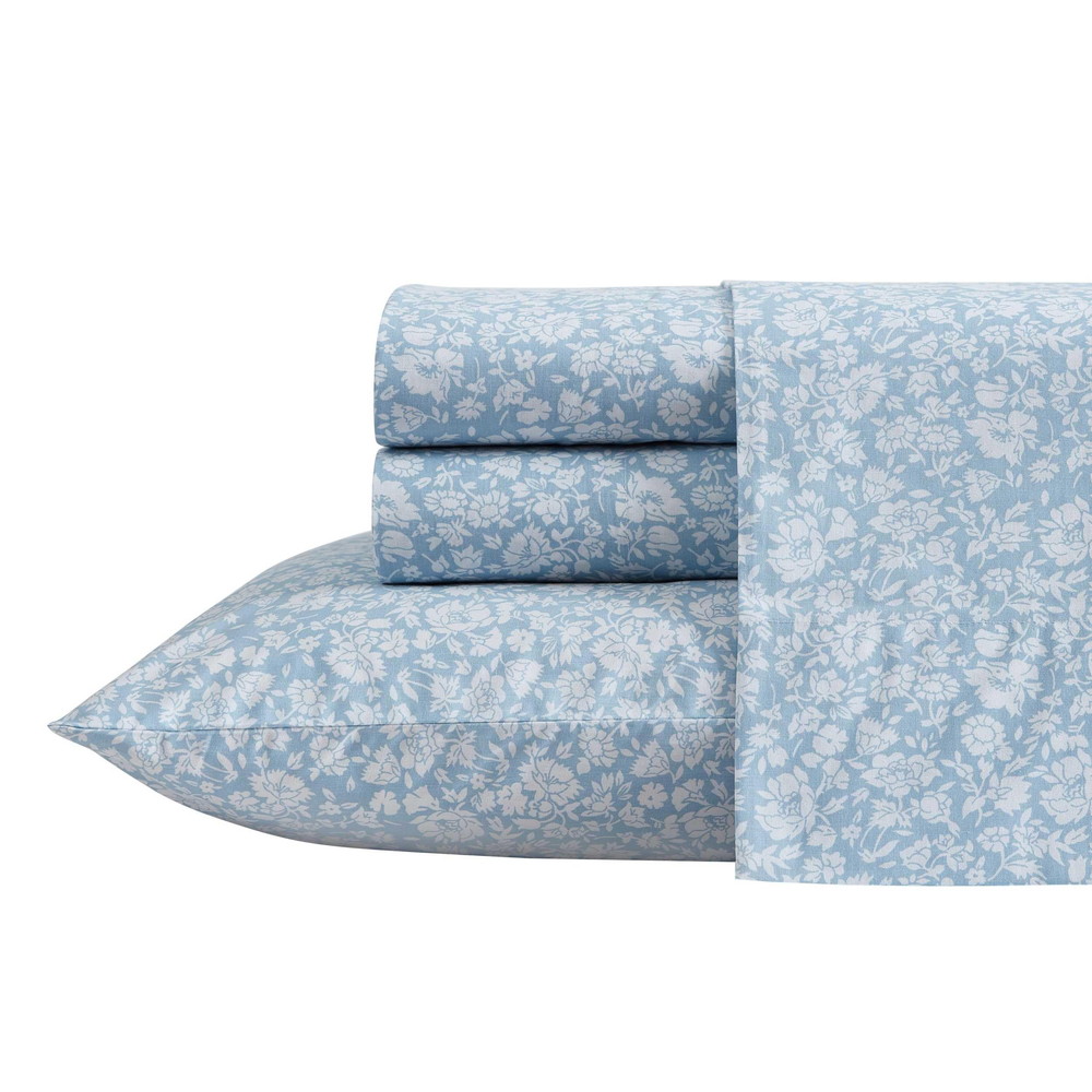 Laura Ashley クイーンシーツ コットンパーケル寝具セット 軽量 通気性 ホームデコ Heirloom Ditzy Blue クイーン