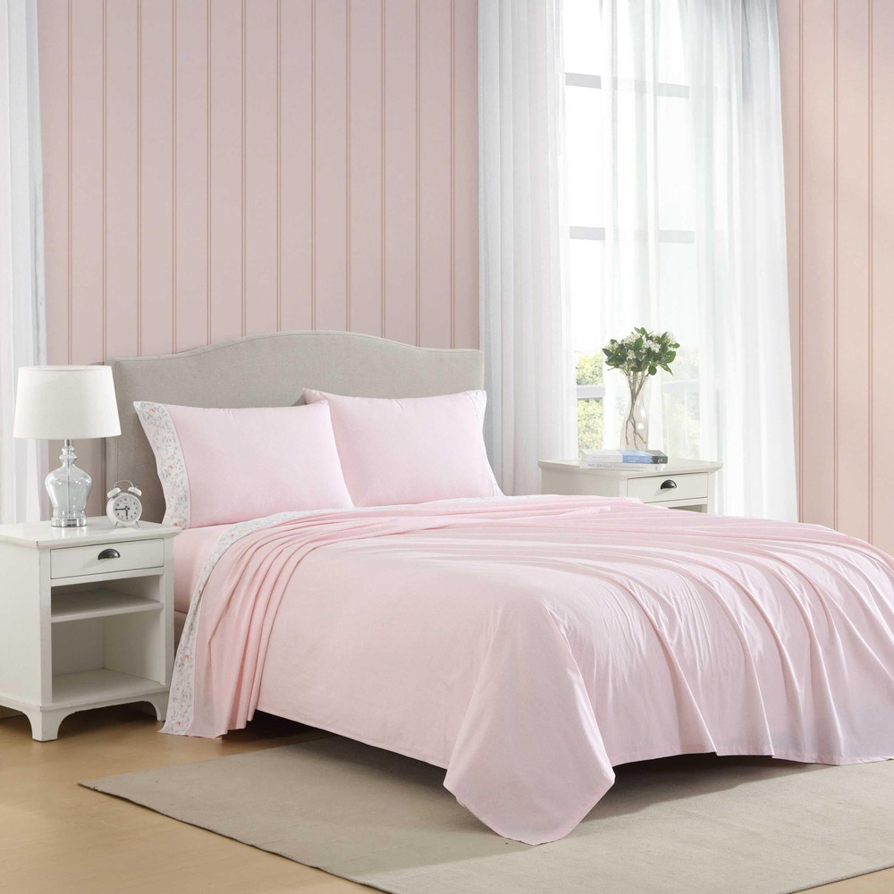 Laura Ashley クイーンシーツセット 通気性 パーケルコットン寝具 マッチングピローケース付き 200スレッドカウント ディープポケット シック ルームエッセンシャル Victorian Scroll Pink クイーン