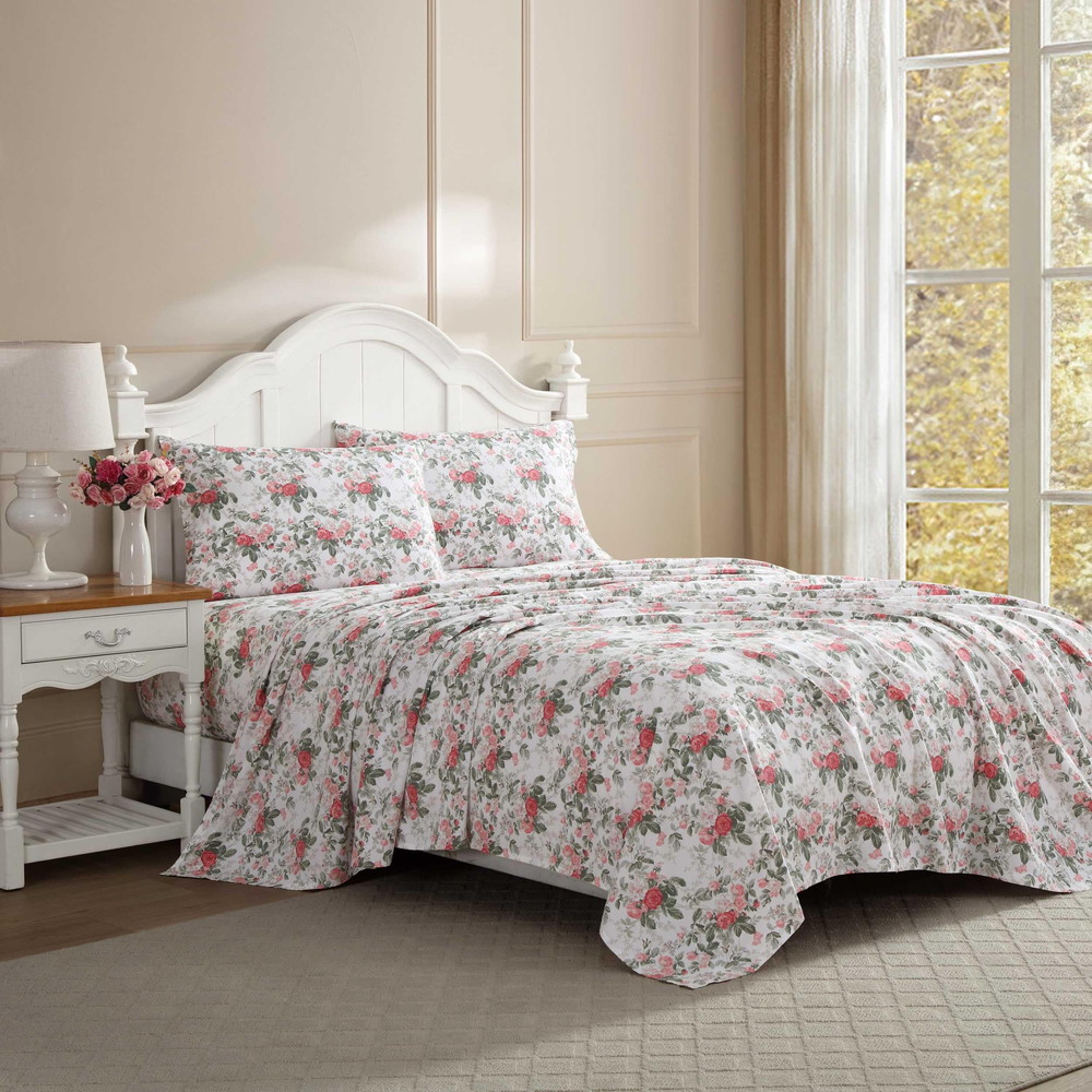 Laura Ashley クイーンシーツセット バターソフト ベッドシーツ シルキースムース コットンサテン 軽量感 マッチングピローケース フィットシーツ Bettinas Blooms Red