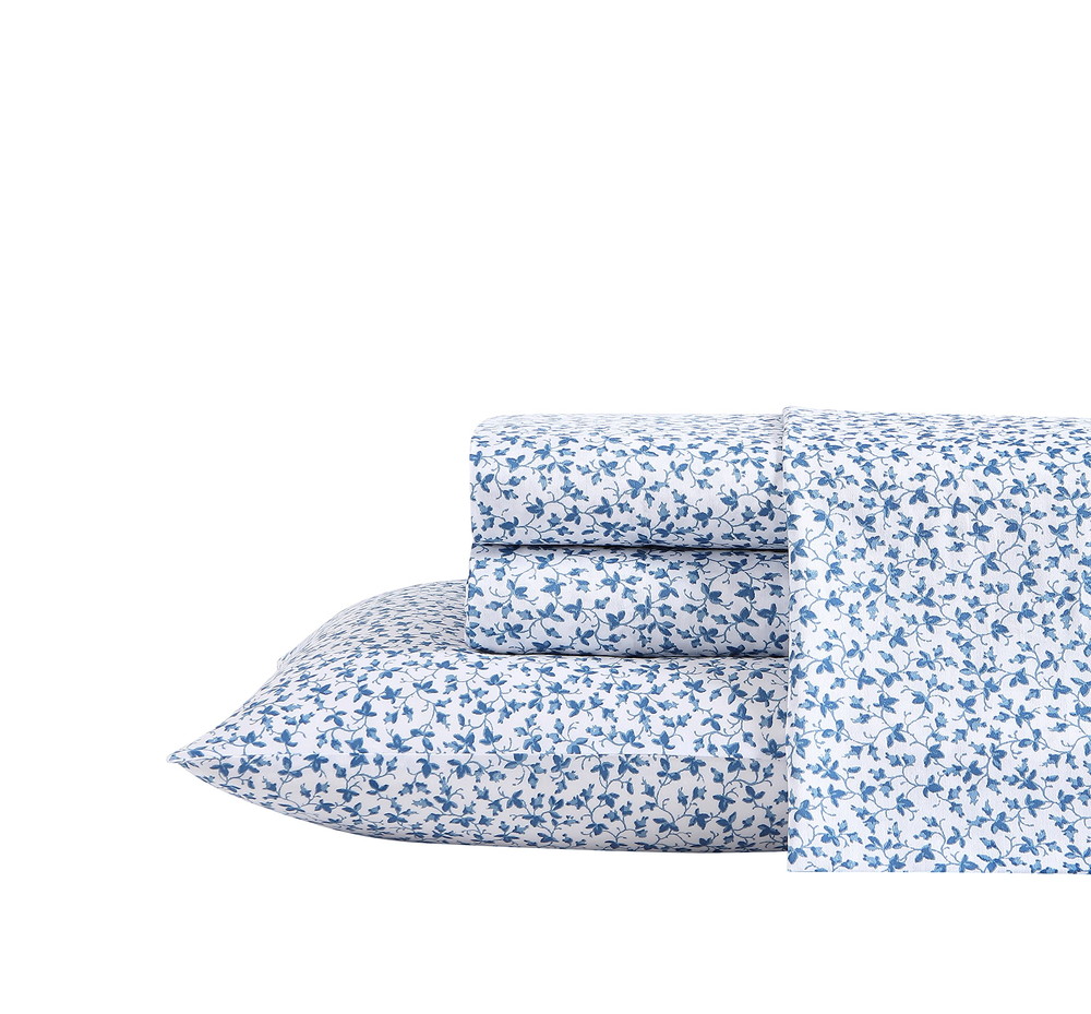 Laura Ashley Home キングシーツ ソフトサテンコットン寝具セット スリーク スムース 通気性 ホームデコ Lavange Vine Indigo 4 Pieces キング