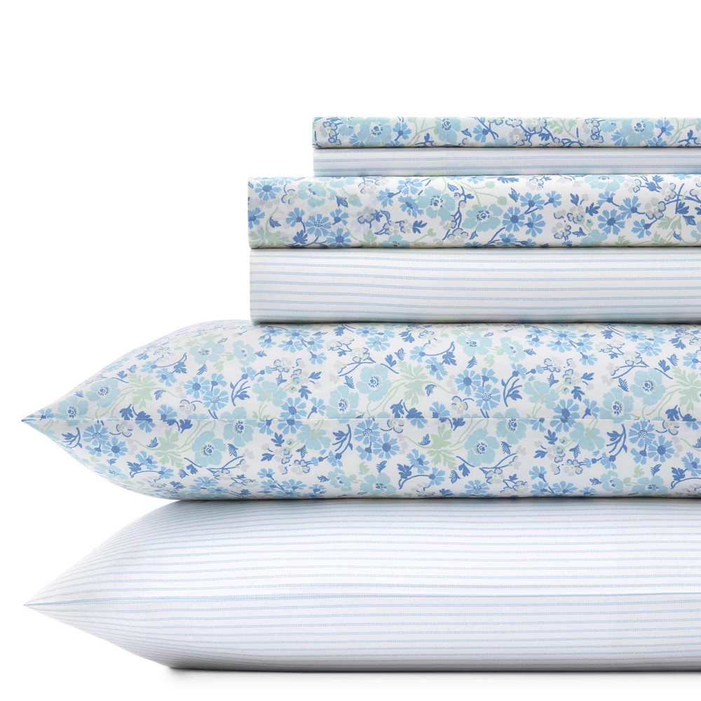 Laura Ashley キングシーツ コットン パーケル 6ピース ベッドセット Jaynie Pastel Blue キング
