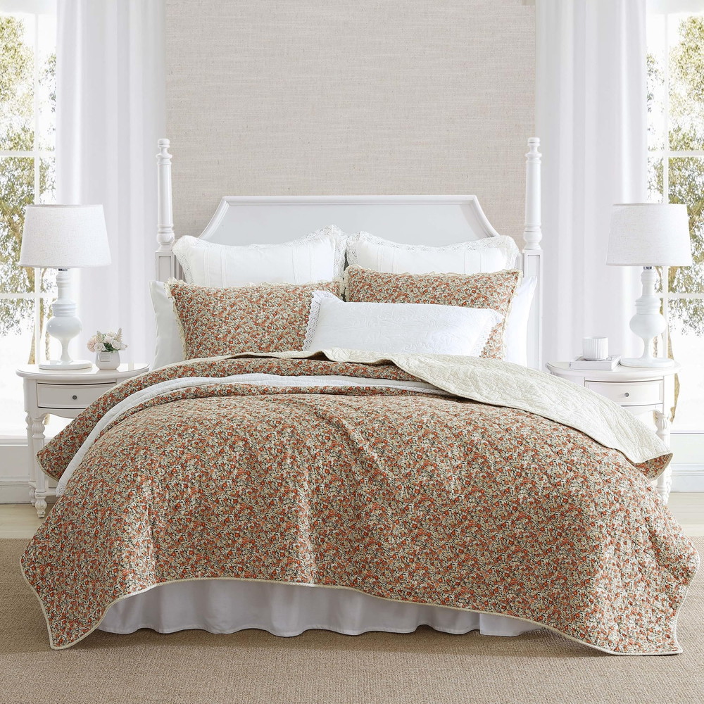 Laura Ashley クイーンキルトセット 軽量 コットン Loveston Burnt Orange クイーン